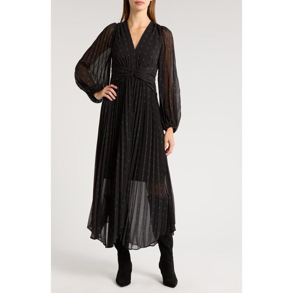 NEW Chelsea28 Black Midi Dress with Subtle Teal Dot Print and Sheer S